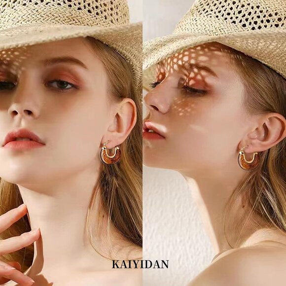 Gold Amber Resin Oval Hoop Earrings for Women - Trendy 18K Gold Plated Dangle Th - Picture 8 of 8